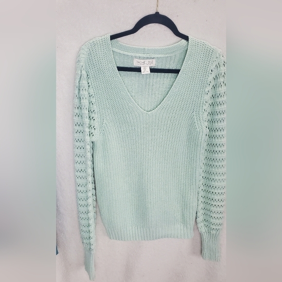 Rachel Zoe V-Neck Knit Crochet Long Sleeve Sweater Sea Foam Green Size S - Picture 1 of 12